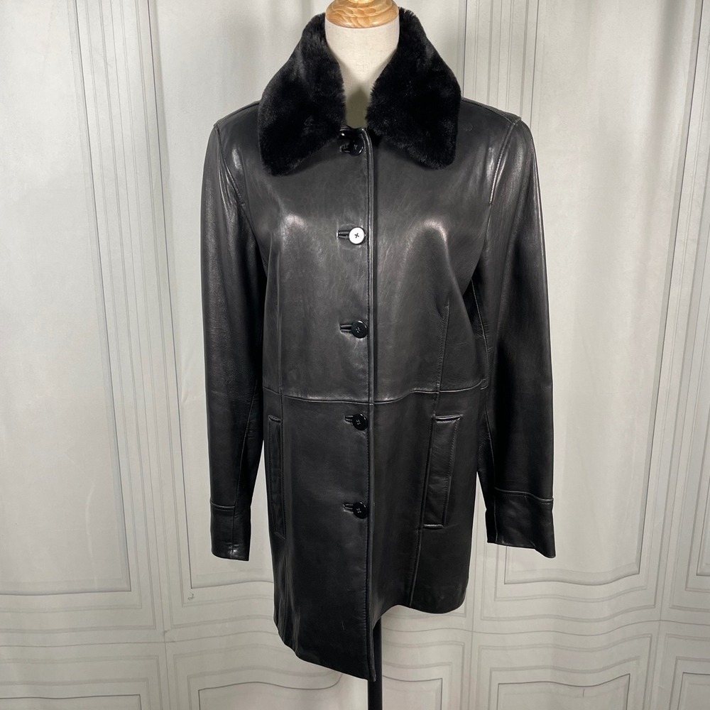 Y2K Vintage III State Black Leather Coat Removable Faux Fur Collar Small